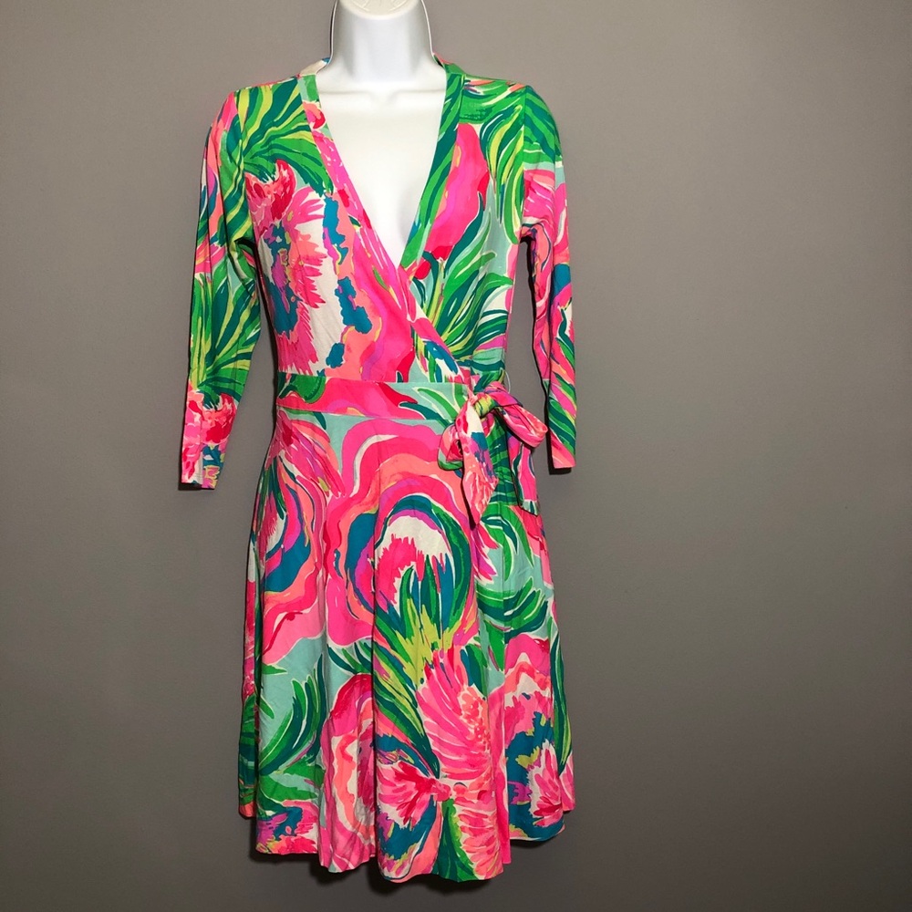 Lilly Pulitzer Emilia Wrap Dress XS Paradise Bound Beach Stretch Comfort Floral